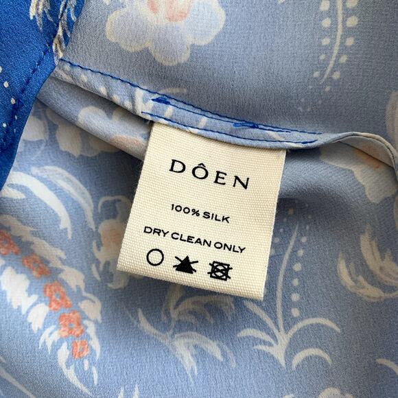 Doen Dianne Silk V Neck Puff Short Sleeve Mini Dress Blue Azure Hollyhock Hills - Picture 13 of 16